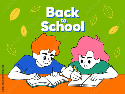 This vibrant illustration captures two cheerful children deeply engaged in studying with books, reflecting the excitement and anticipation of returning to school for a new year.