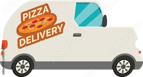 Side view of a white delivery van delivering pizza with a pizza image and text on its side