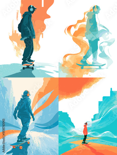 Stylized skater illustrations with flowing abstract shapes and bold colors. Modern urban artwork perfect for youth themes posters street culture branding and dynamic sports designs.