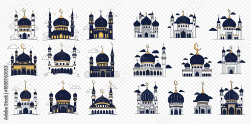 Collection of various mosque illustrations with domes and minarets, featuring Islamic architecture designs and religious symbols.