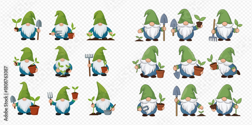 Collection of cute cartoon garden gnomes engaged in various gardening activities with tools and plants on a transparent background.