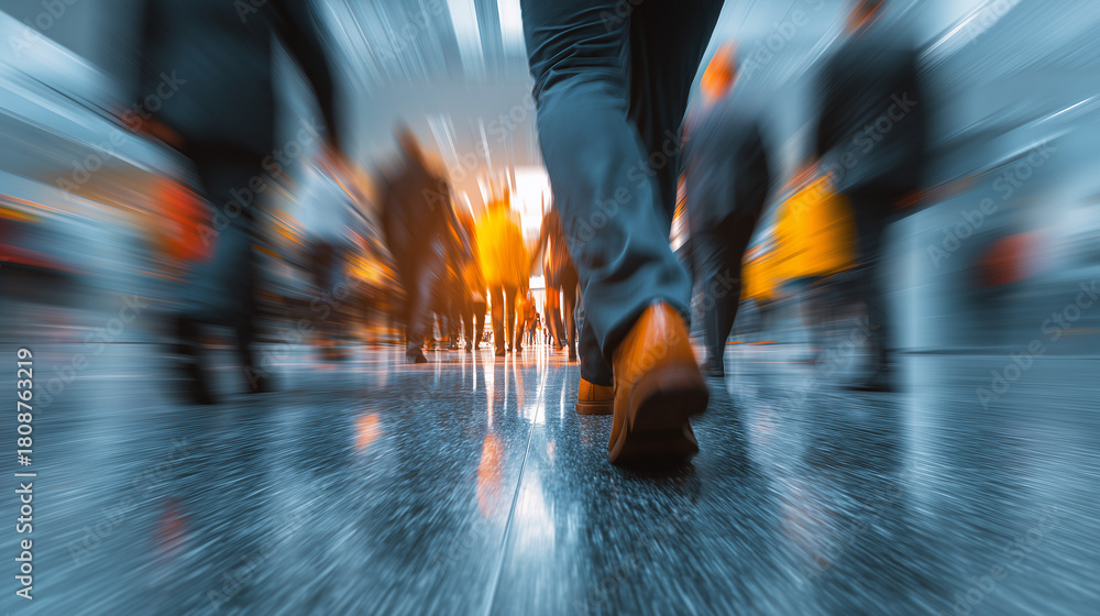 Obraz premium Urban Commuter Steps: Close-up of Dark Pants and Leather Shoes in Motion with Motion Blur Crowd Background, City Rhythm Photography