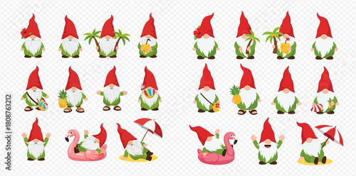 A collection of cute summer gnomes enjoying various beach and holiday activities, perfect for seasonal designs.