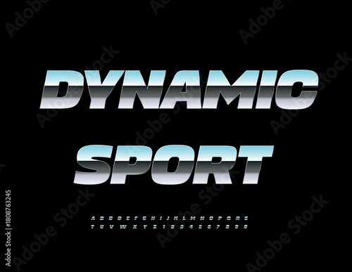 Vector Silver emblem Dynamic Sport. Cool Metallic Font. Trendy Alphabet Letters and Numbers set. 