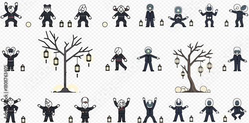 Collection of diverse cartoon figures and trees with lanterns, depicting a festive or celebratory scene.