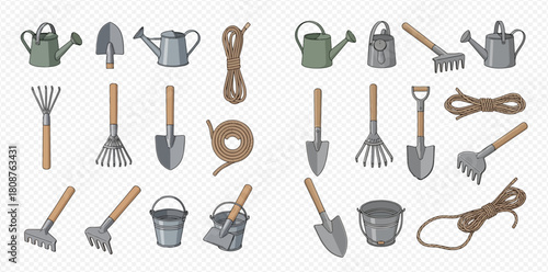 A comprehensive collection of various gardening tools including watering cans, shovels, rakes, rope, and buckets, arranged on a transparent background.