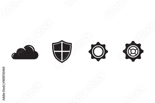 Cloud computing security and settings icons representing data protection and system configuration isolated on white background