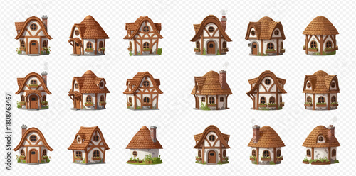 Collection of charming fantasy-style half-timbered houses with brown roofs, perfect for game assets or storybook illustrations.