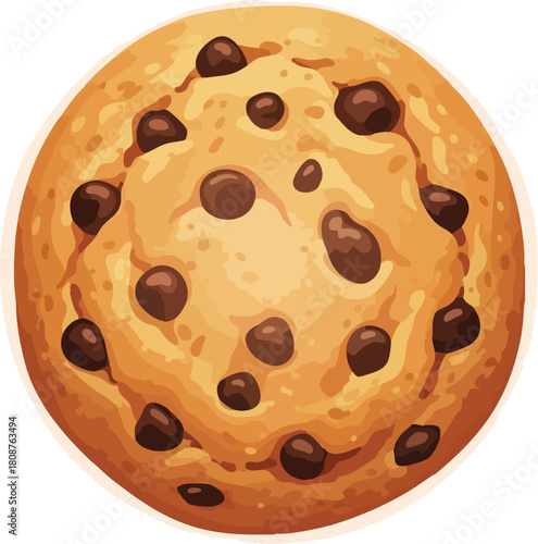 A close-up illustration of a chocolate chip cookie against a clean white background, showcasing its golden brown color and dark chocolate chips.