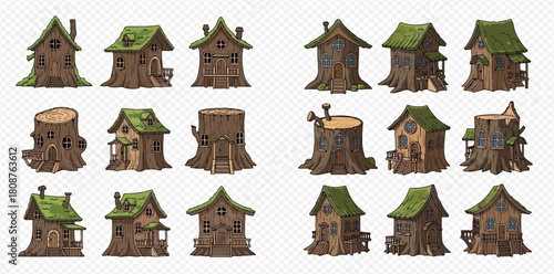 Collection of whimsical cartoon tree stump houses with green roofs, fantasy village assets.