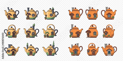 Collection of charming teapot houses with unique architectural details, doors, and windows.
