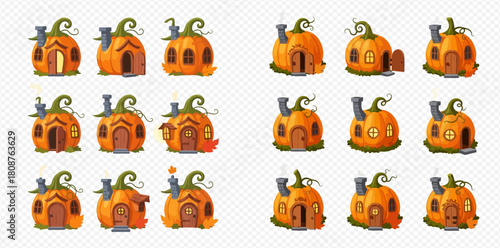 Collection of whimsical cartoon pumpkin houses with chimneys, doors, and windows, featuring various designs for fantasy or Halloween themes.