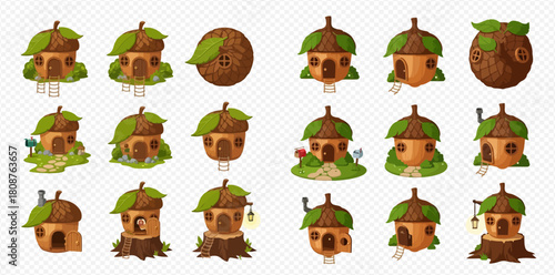 Collection of whimsical acorn and tree stump fairy houses with green leaf roofs, perfect for fantasy illustrations.