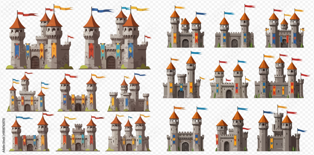 Naklejka premium Collection of various cartoon medieval castles with towers, flags, and gates, featuring different designs for fantasy games or storybooks.