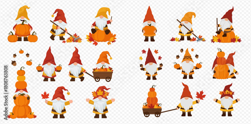 A delightful collection of autumn gnomes engaged in various seasonal activities, featuring pumpkins, fall leaves, and whimsical poses.