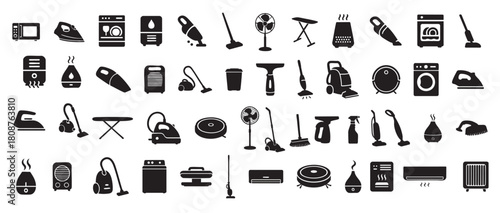Set of black silhouette household appliance icons isolated on white background. home cleaning devices, kitchen electronics, laundry equipment, air treatment, ironing tools, smart home gadgets