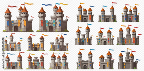 Collection of various cartoon medieval castles with towers, flags, and gates, featuring different designs for fantasy games or storybooks.