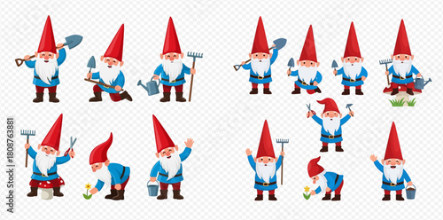 A collection of cheerful garden gnomes engaged in various gardening activities, holding tools like shovels, watering cans, and rakes.