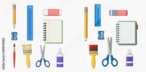Collection of various school and art supplies including pencils, rulers, erasers, notebooks, sharpeners, paintbrushes, scissors, and glue bottles.