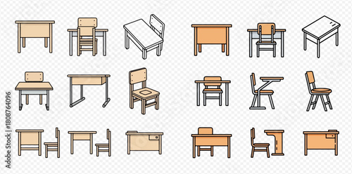 A collection of various school desks and chairs in different styles and angles, suitable for educational themes.