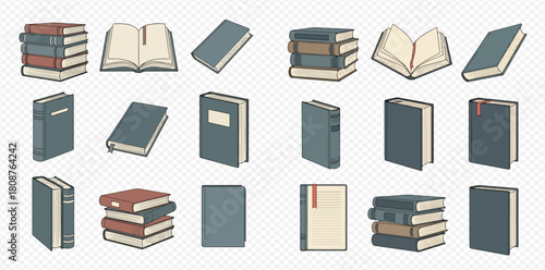 An illustration featuring a collection of various books, including stacks, open books, and single volumes, depicted in a consistent illustrative style.