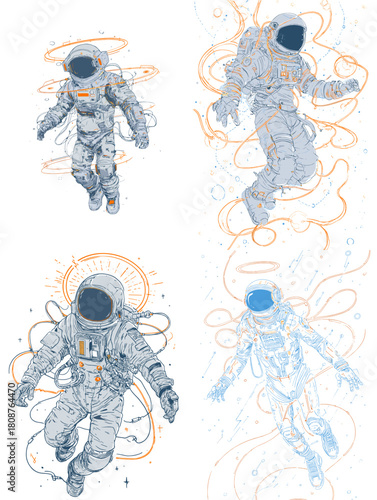 Detailed illustrations of astronauts floating in space with dynamic cables and glowing accents. Sci fi themed artwork perfect for posters apparel futuristic designs and cosmic concept projects.