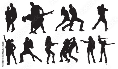 set colored silhouettes of dancing couples