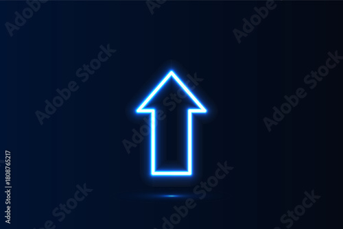 Bright blue neon arrow pointing upward on a dark background, symbolizing progress, growth and direction