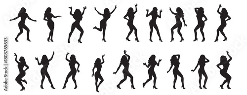 Set of Black silhouette of dancing woman in various poses, isolated on white background, graphic illustration. concept of dance, movement, choreography, icon, logo, design element.