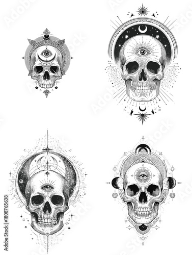 Mystical skull illustrations featuring a third eye celestial symbols and detailed line art. Spiritual and occult themed artwork ideal for tattoos posters metaphysical designs and dark art projects.