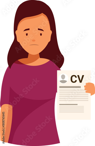 Sad young woman holding curriculum vitae looking for a job