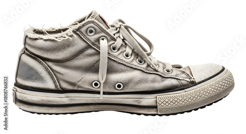 Isolated old running shoe with dust, scratches, and worn fabric, placed on white background, high-detail, focused PNG.