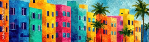 Vintage Florida postcard with iconic landmarks and vibes concept. Vibrant, colorful buildings against a bright sky with palm trees.