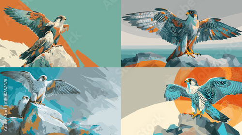 Stylized falcon illustrations with bold colors showing powerful birds perched or spreading wings on rocky landscapes. Dynamic wildlife artwork perfect for posters nature themes and outdoor designs.
