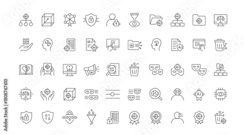 An extensive set of vector icons illustrating AI data ethics concepts such as privacy, anonymization, fairness, transparency, accountability, created in line style with editable stroke