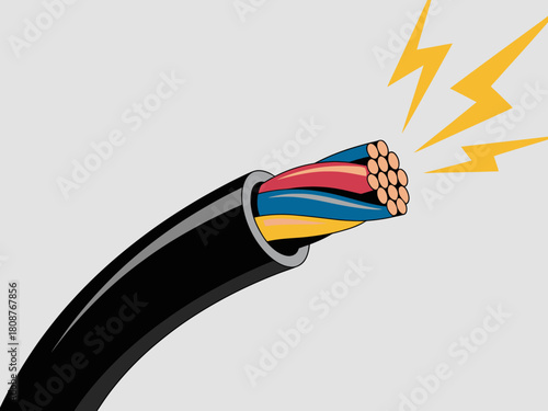 A dynamic and colorful illustration showcasing an electric wire with exposed copper and radiant sparks, highlighting notions of energy, power, and vibrant electrical concepts.