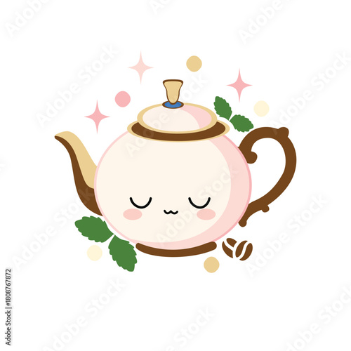 Kawaii Sleepy Teapot Vector Illustration with Mint Leaves and Coffee Beans | Cozy Tea Time Graphic.

