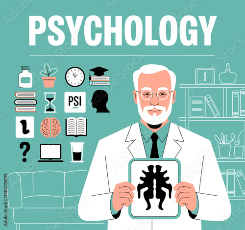 The image portrays a psychologist holding a Rorschach inkblot, exploring human psychology and emotions, signifying analysis and understanding of mental states.
