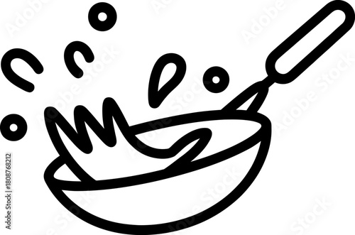 Frying pan cooking outline icon with heat and ingredients flying