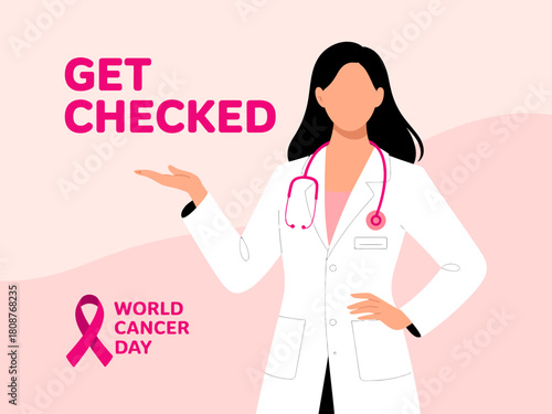 A professional and engaging image of a female doctor urging viewers to participate in health check-ups, underscoring the importance of early cancer detection on World Cancer Day.
