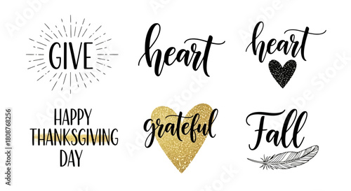 Thanksgiving holiday greeting card with heart and fall elements, autumn celebration, happy thanksgiving day