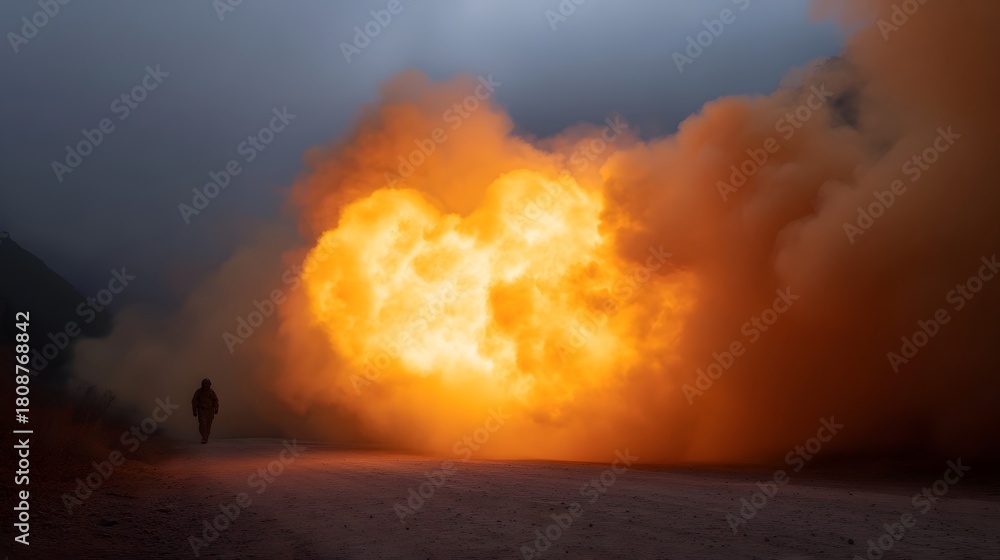 Obraz premium A solitary figure walks away from a powerful orange explosion and billowing smoke on a dirt road at twilight