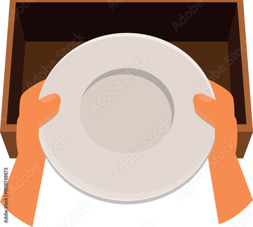 Hands are taking a clean white plate from a wooden shelf, ready for a delicious meal