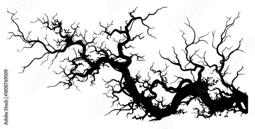 Spooky dead tree silhouette with twisted branches and roots black and white nature vector illustration