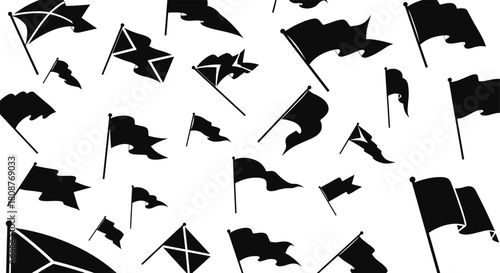 Collection of dynamic waving flag silhouettes on poles, diverse shapes and motion styles, versatile vector illustration for patriotic themes, decoration, signage, events, and graphic design projects