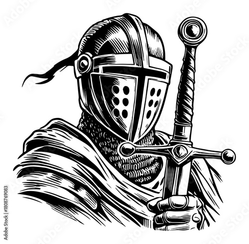 Medieval knight with sword detailed black and white vector illustration
