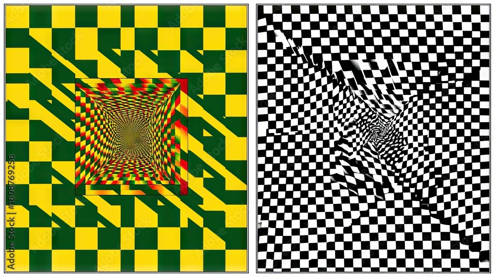 Fototapeta premium Two abstract images featuring checkerboard patterns, one in yellow and green with a tunnel effect, and the other in black and white with a swirling distortion.