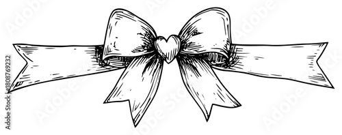 Romantic Ribbon Bow With Heart Sketch Decorative Vector Illustration