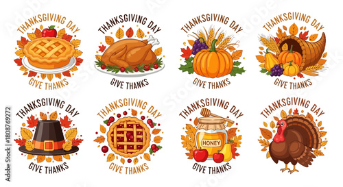 Thanksgiving day celebration with turkey, pumpkin pie, corn, and autumn decorations on