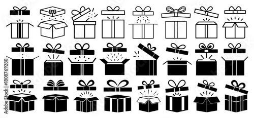 Gift Box Icon Set with Opened and Closed Silhouettes in Line Art on Transparent Background